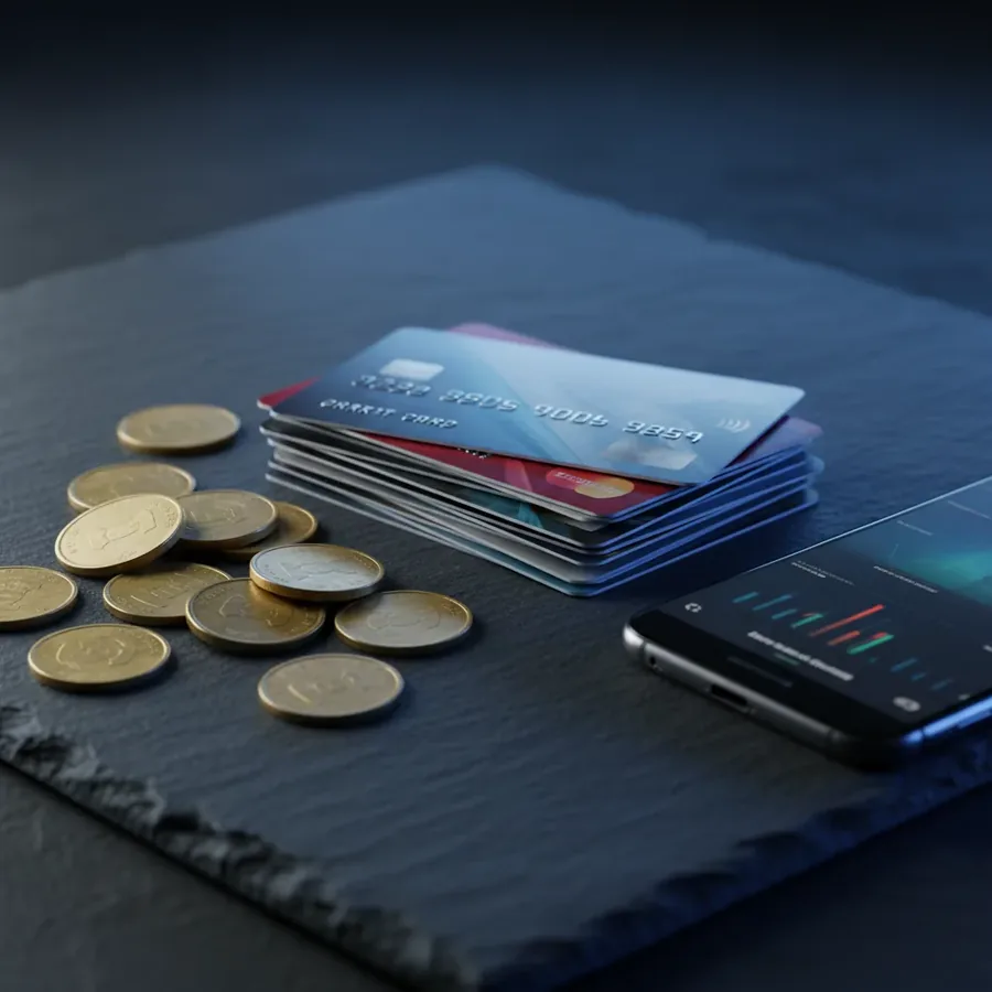 Stack of bank cards next to coins and a smartphone